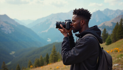 Black photographer taking pictures in mountain landscape.