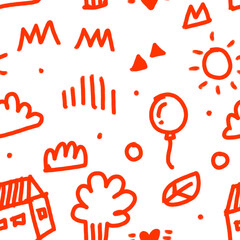 Repeat pattern, house and nature line graphics.

