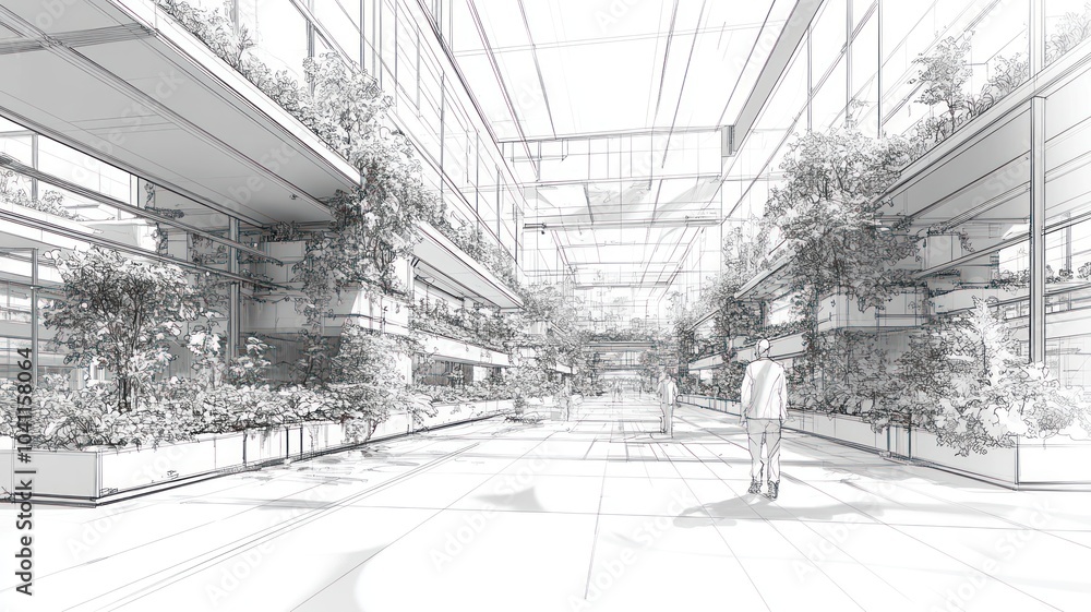 Poster a modern indoor space with greenery and open architecture.