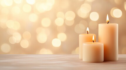 Three glowing candles with warm light against a soft bokeh background.