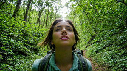 Naklejka premium Woman hiking mountain trail surrounded by lush green foliage looking up at canopy wonderment