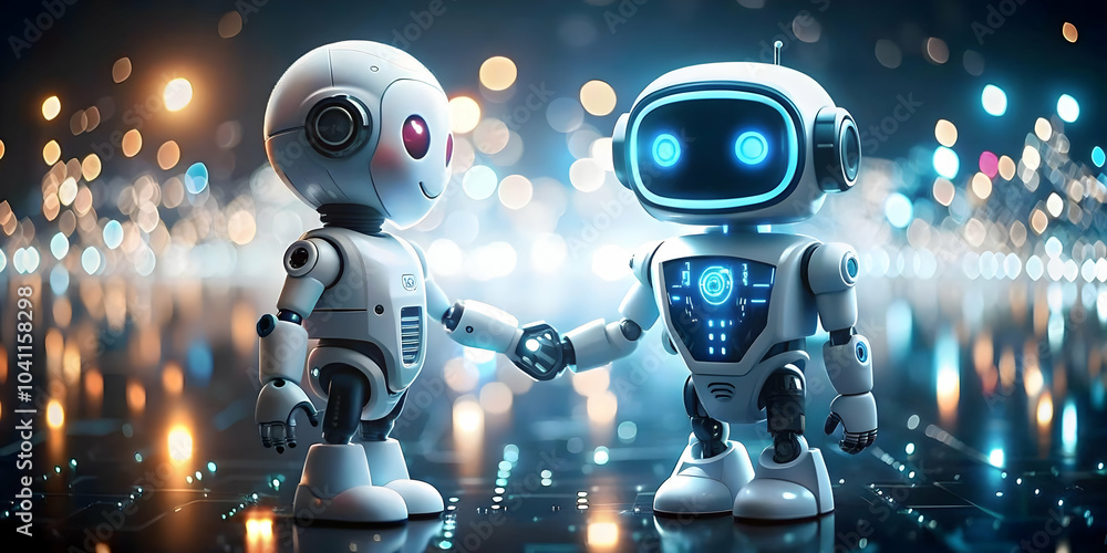 Poster glossy ai robot customer service agent shaking hands collaboration concept ample copy space for text