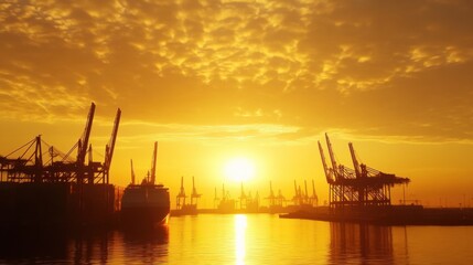 Obraz premium A modern port under the golden glow of sunrise, with cranes and ships outlined against the brightening sky, reflecting the growth of international commerce