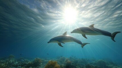 Two dolphins swimming gracefully under shimmering sunlight in the ocean.