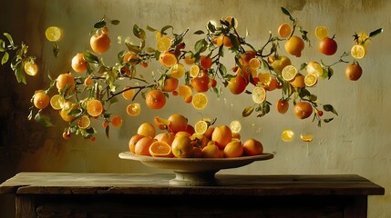 Captivating digital art photograph showcasing a surreal fruit platter with holographic apples and oranges floating above creating a mesmerizing and futuristic visual experience