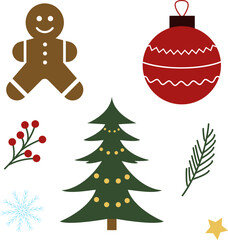 Festive Christmas Vector Illustration Set. Gingerbread Man, Christmas Tree, Ornament, Snowflake, Pine Branch, Holiday Decor Elements For Seasonal Designs, Greeting Cards, and Holiday Projects.