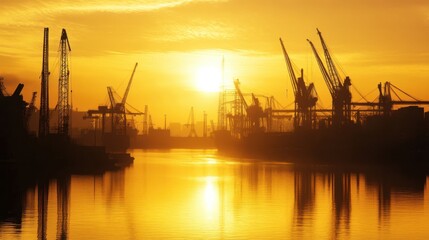 Fototapeta premium A modern port under the golden glow of sunrise, with cranes and ships outlined against the brightening sky, symbolizing the dawn of global trade