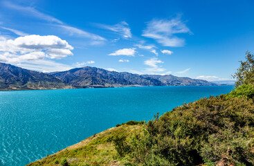 Lake Hawea and the mountain range, Otago, South Island, New Zealand, Oceania.