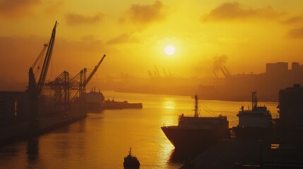 Obraz premium A modern port under the golden glow of sunrise, with cranes and ships outlined against the brightening sky, symbolizing the dawn of global trade