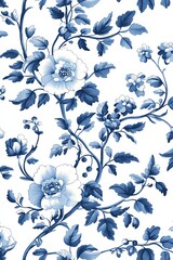 Elegant blue floral pattern featuring intricate flowers and leaves on a crisp white background, perfect for various design projects.