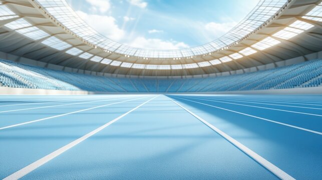 Vast athletic stadium with blue track and bright sky, ideal for sports events.