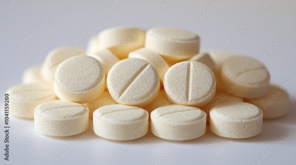 Poster pale yellow tablets arranged in a pile on a smooth surface, capturing the simplicity and uniformity 