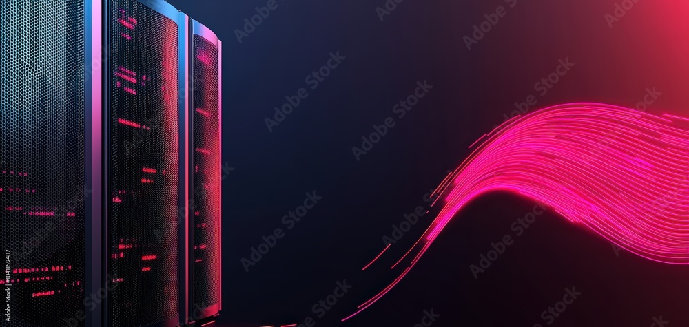 Poster 3d illustration of server racks with pink data connections extending, highlighting concepts of cyber