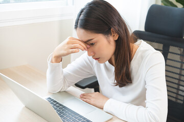 Eye problem concept, fatigue asian young woman, girl tired eyes, irritated rubbing nose, relief...
