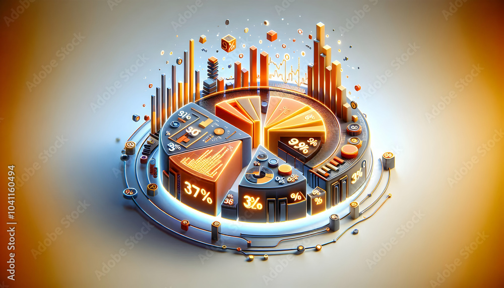 Aufkleber 3d floating pie chart glowing percentages concept mastery data visualization business trends isolate