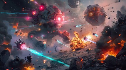 Robots fight with monsters in destroyed space, background explosions due to battle, realistic effects HD images