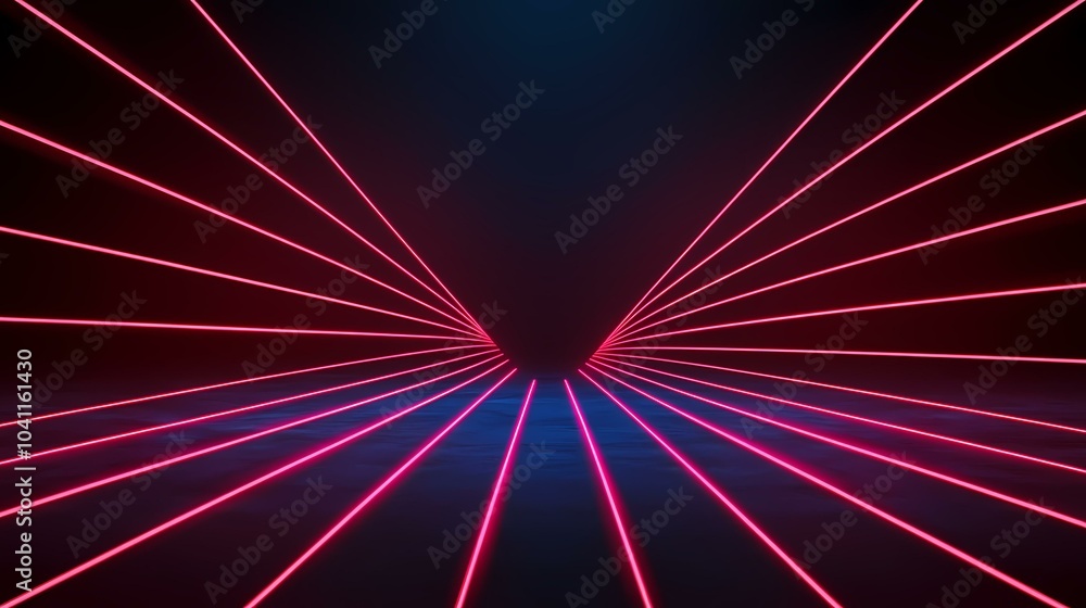 Poster the image shows a dark room with a series of pink neon lines creating a starburst pattern. the lines