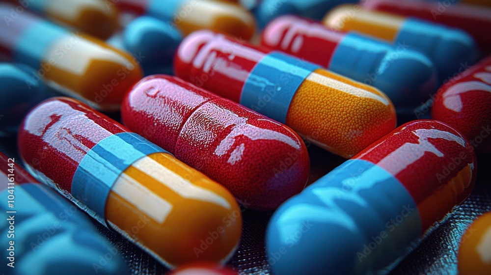 Poster vibrantly colored capsules arranged neatly on a textured surface highlighting their glossy finish an