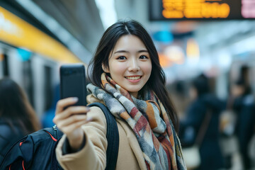 Young woman is taking a selfie with her smartphone while waiting for the train in a subway station