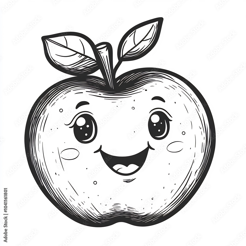 Poster handdrawn illustration of a featuring a friendly apple design with simple patterns outlined in black