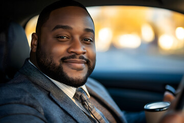 Obraz premium Confident businessman happily smiles while driving his luxurious car through the city at sunset, exuding ambition and achievement in his elegant suit and tie