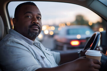 Man is driving his car at night while holding a coffee and sitting in traffic