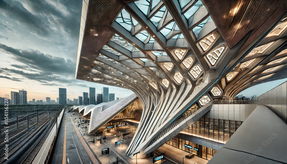 Poster exploring the stunning architectural marvels of modern train stations a close-up on angular designs 