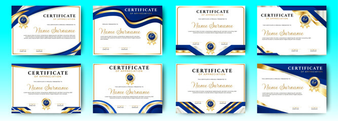 Certificate of appreciation template, gold and blue color. Clean modern certificate with gold badge. Certificate border template with luxury and modern line pattern. Diploma vector template
