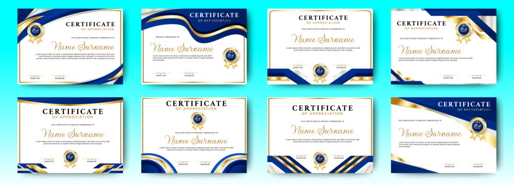 Certificate of appreciation template, gold and blue color. Clean modern certificate with gold badge. Certificate border template with luxury and modern line pattern. Diploma vector template