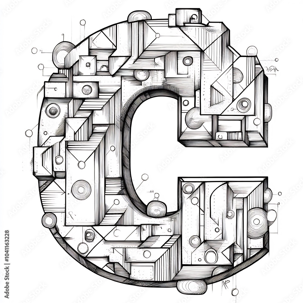 Poster handdrawn illustration of c adorned with geometric shapes and lines outlined in black on a white bac