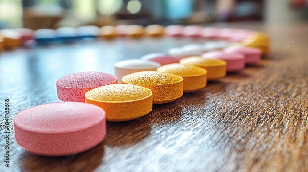 Poster colorful assortment of circular tablets arranged in a row on a wooden table in a natural light setti