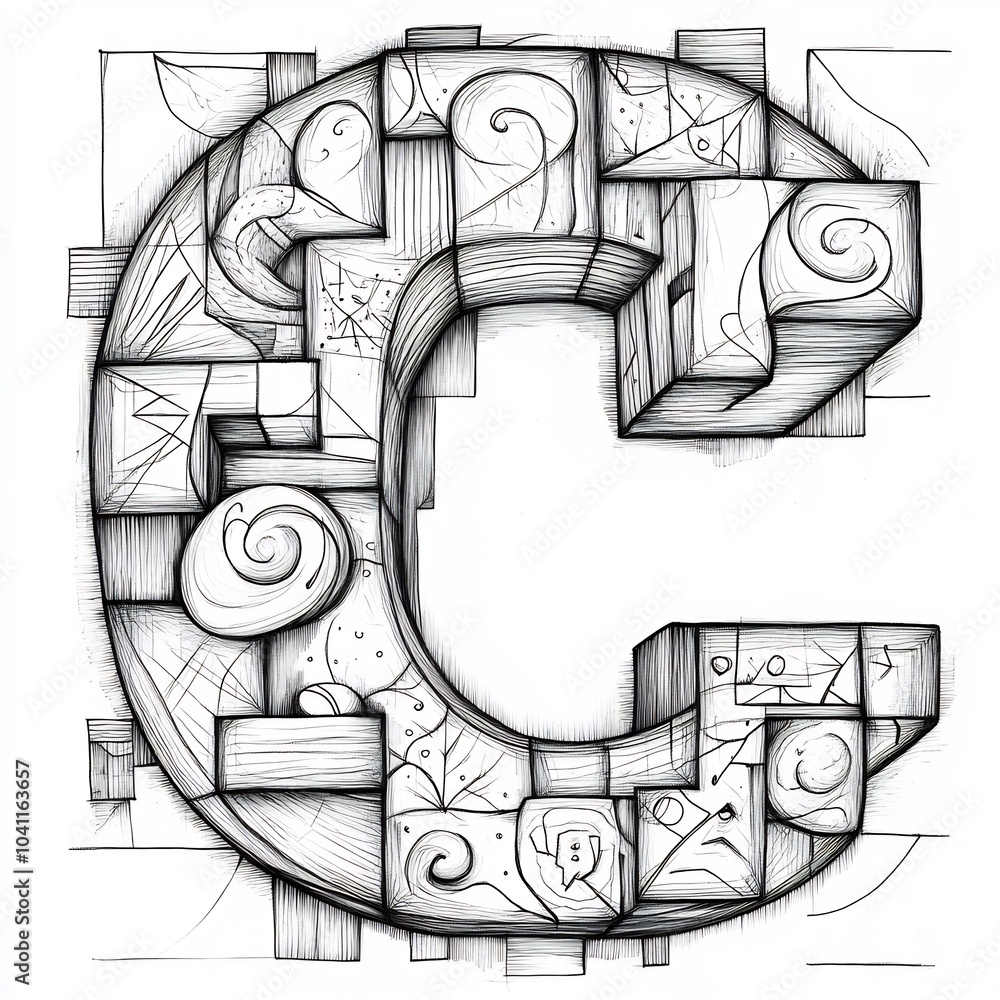 Poster handdrawn illustration of c adorned with geometric shapes and lines outlined in black on a white bac