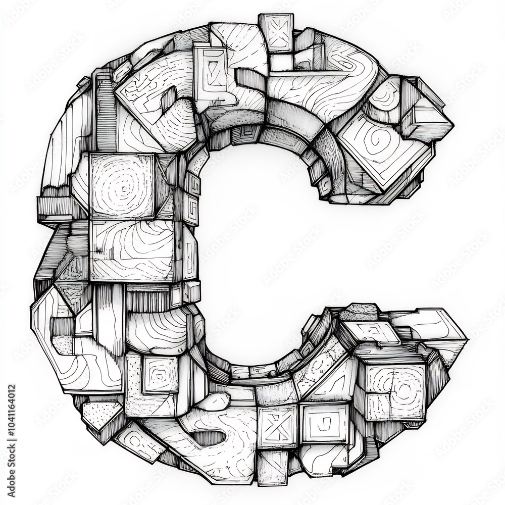 Poster handdrawn illustration of c adorned with geometric shapes and lines outlined in black on a white bac
