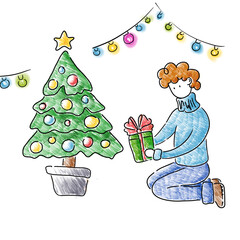 guy near the New Year tree with a gift