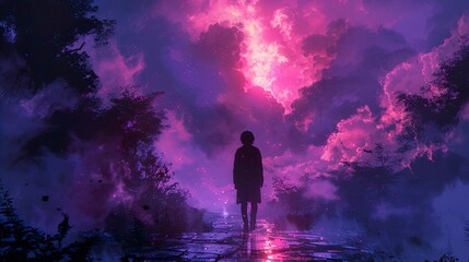 Obraz premium Dreamy Landscape with a Silhouette Figure Under a Glowing Purple Sky