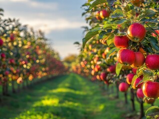 Ripe Red Apples Hanging on Branches in an Orchard