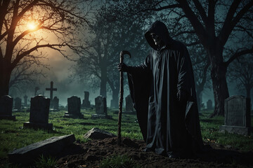 Naklejka premium Halloween background ghost, cemetery dark night