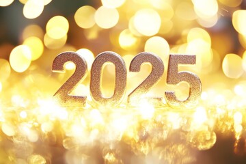 The inscription "2025" on a blurred golden background. New Year celebration.