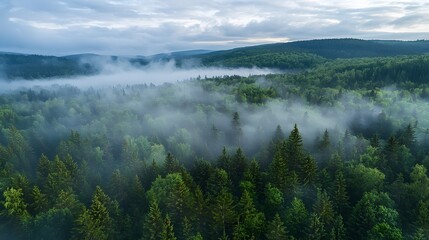 aerial view of a misty forest landscape with dense green trees and foggy clouds