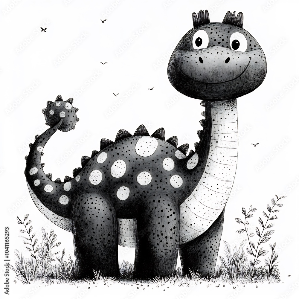Poster handdrawn illustration of d featuring a big dinosaur with simple patterns outlined in black on a whi