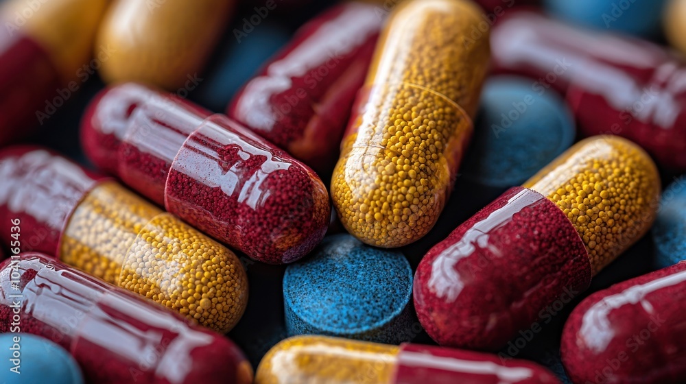 Poster close-up view of colorful capsules and tablets scattered on a surface, highlighting their various sh