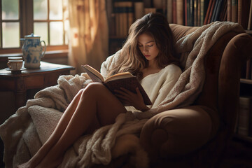 Obraz premium Young woman is relaxing on a cozy armchair, enjoying a good book on a quiet afternoon at home