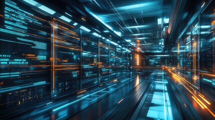 Obraz premium Cyberpunk Digital City: Futuristic Neon Lights and Data Streams