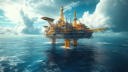 Obraz premium An offshore oil rig standing in the ocean under a cloudy sky.