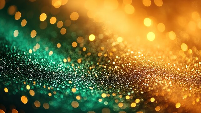 Golden and emerald glitter gradient with bokeh effect