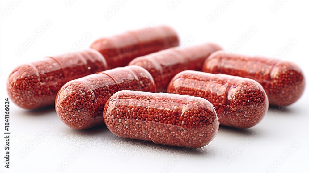 Poster red capsules with granules resting on a white surface showcasing a unique design and texture under s