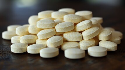 A close-up view of a pile of yellow tablets arranged on a wooden surface in natural lighting during the afternoon