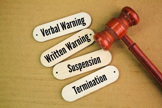 Verbal Warning, Written Warning, Suspension and Termination. four common types of disciplinary actions used in the workplace to address violations of company policies