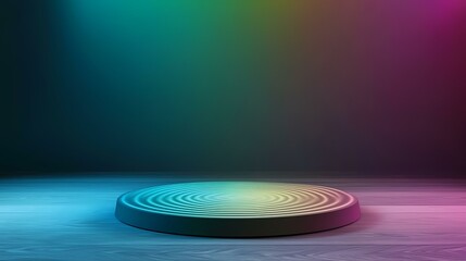 A circular podium with a rippled surface sits on a wooden floor illuminated by colorful, gradient lighting.