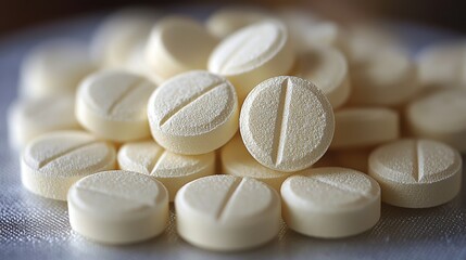 A close-up view of yellow tablets piled together on a textured surface in natural lighting